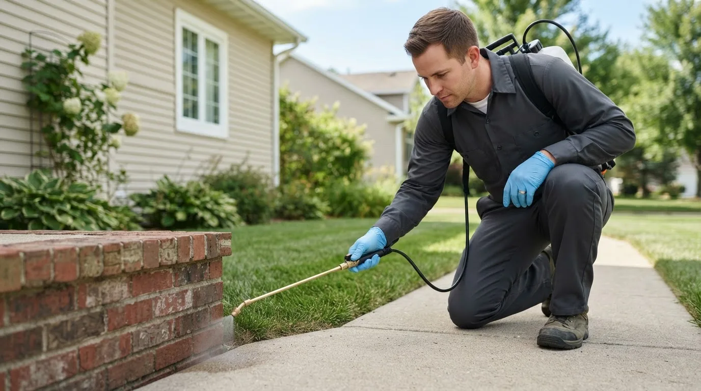 Pest control technician treating a home near Harveyville, KS