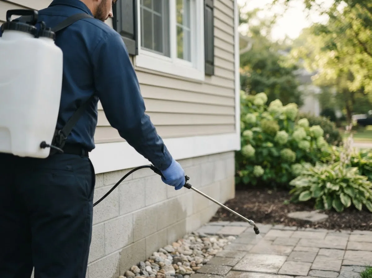 Pest control technician inspecting a home in Harveyville, KS